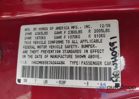 2007 Honda Accord 3.0 Ex z USA, uszkodzony, nr VIN 1HGCM66567A044484